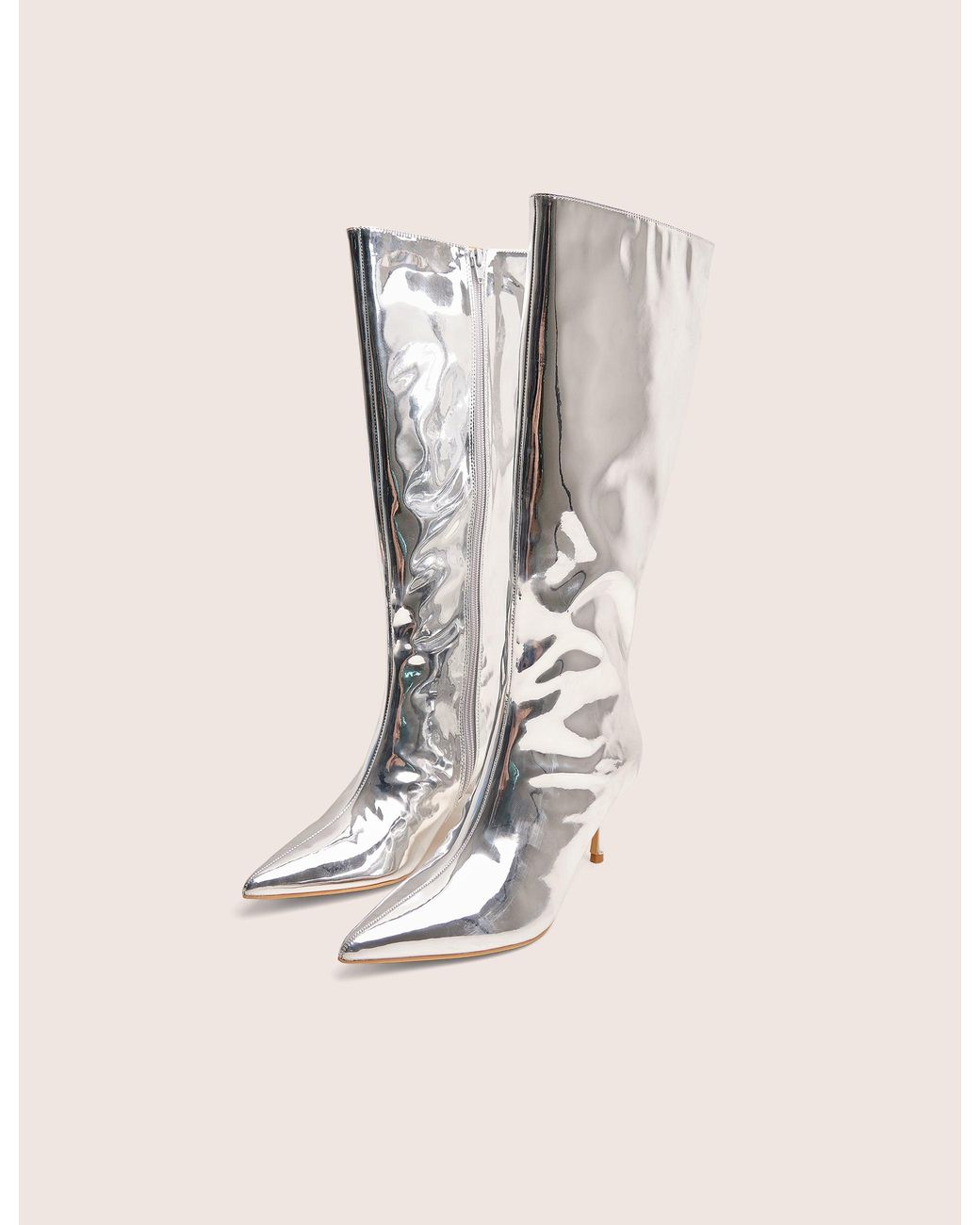 Public Desire White Amped Mirror Silver Pointed Toe Mid Heel Knee High Boots