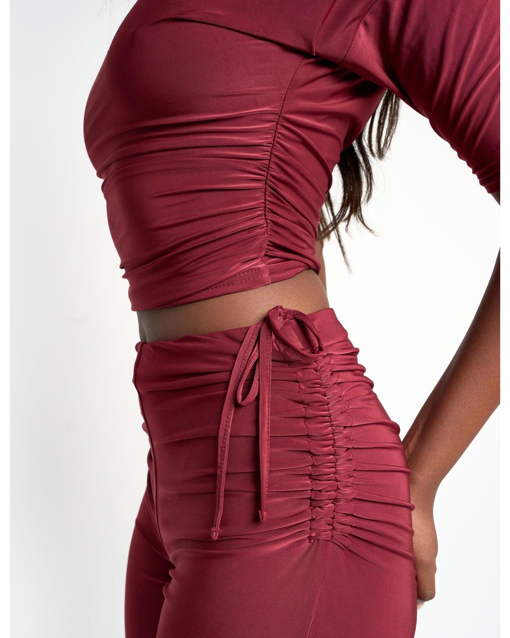 Public Desire Red Slinky Ruched Short Sleeve Top Co Ord Burgundy