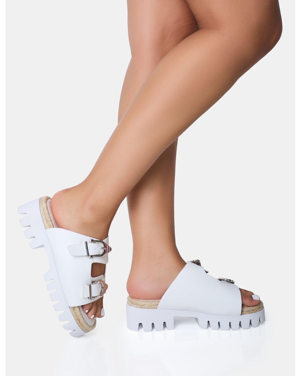 Public Desire Equinox White Chunky Jute Detail Buckle Flatform Sandals