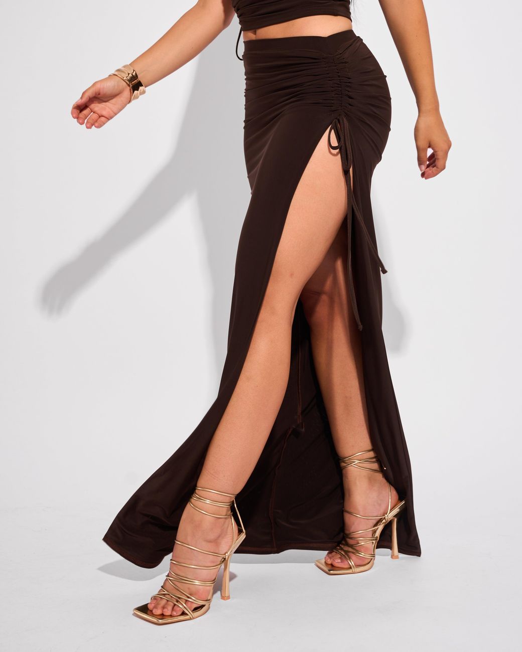 Public Desire Brown Slinky Ruched Detail Split Maxi Skirt Chocolate