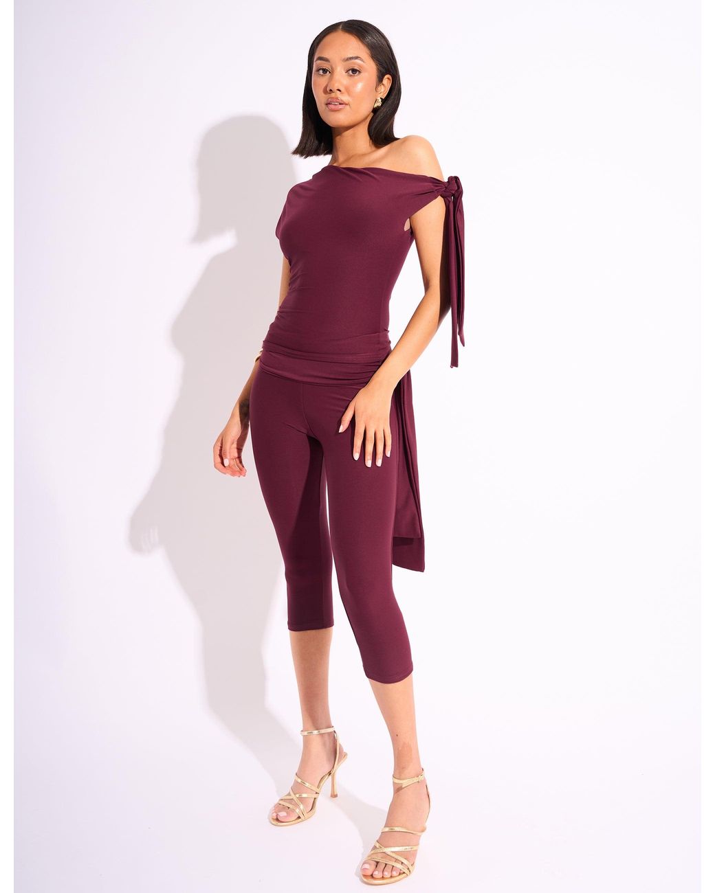 Public Desire Purple Knot Detail Asymmetric One Shoulder Luxe Slinky Top Burgundy