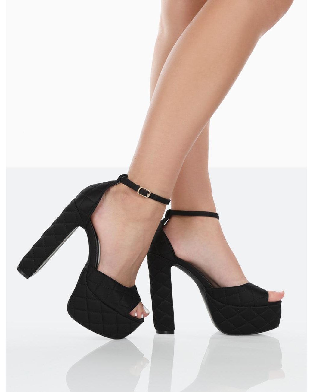 Public Desire Kylie Black Padded Nylon High Heel Peep Toe Platform Block  Heels | Lyst