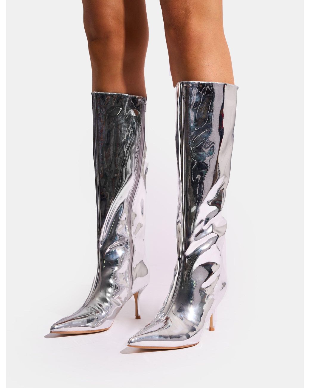 Public Desire White Amped Mirror Silver Pointed Toe Mid Heel Knee High Boots