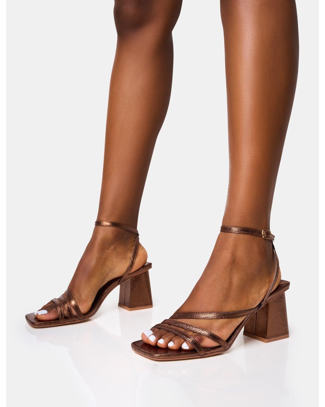 Public Desire Brown Robin Bronze Strappy Square Toe Mid Block Heels