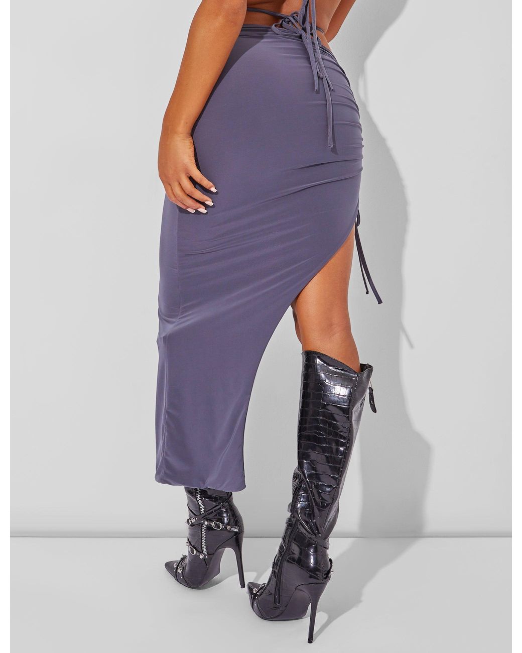 Public Desire White Slinky Ruched Side Maxi Skirt Charcoal Grey