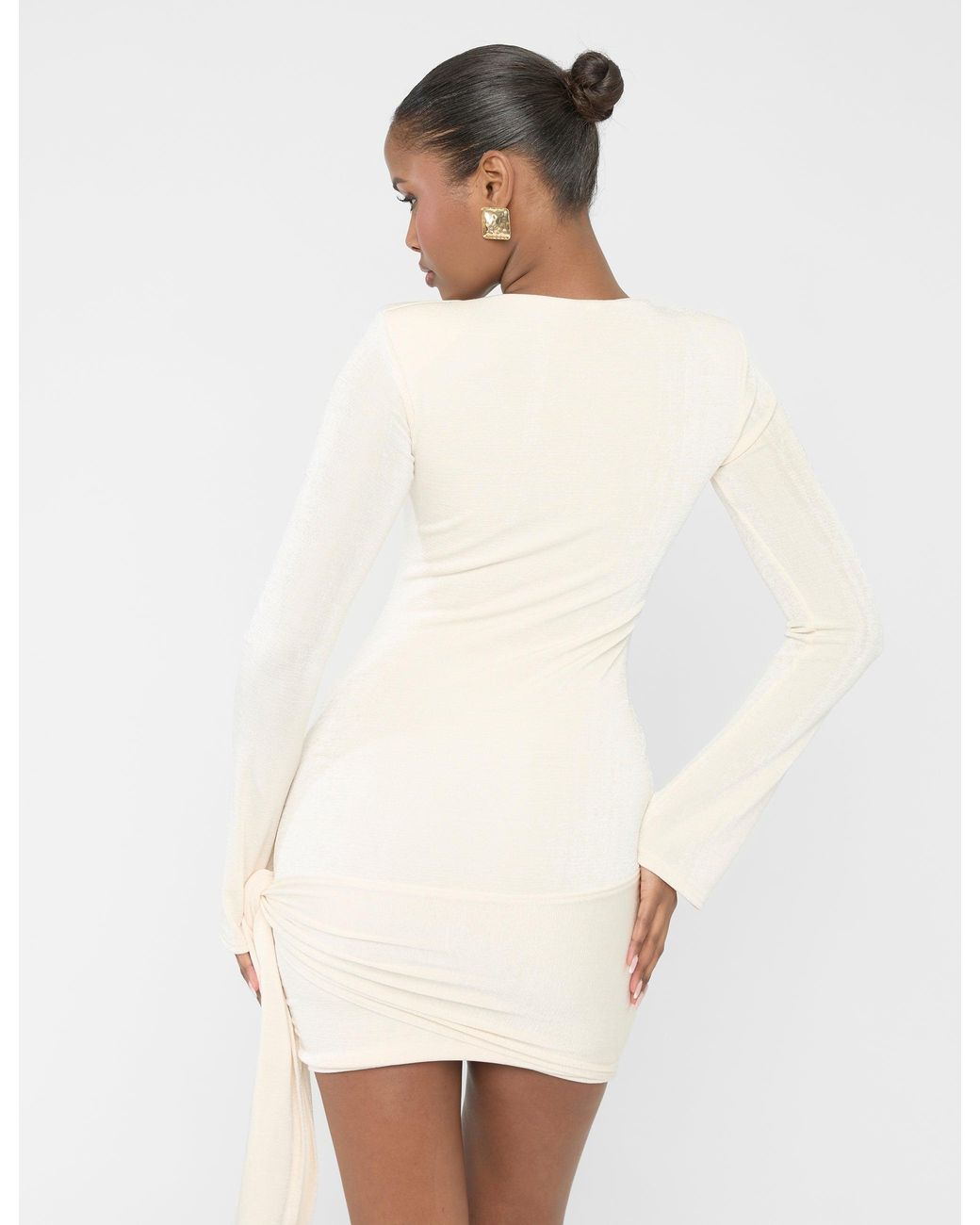Public Desire White Knot Drape Padded Shoulder Long Sleeve Mini Dress Cream