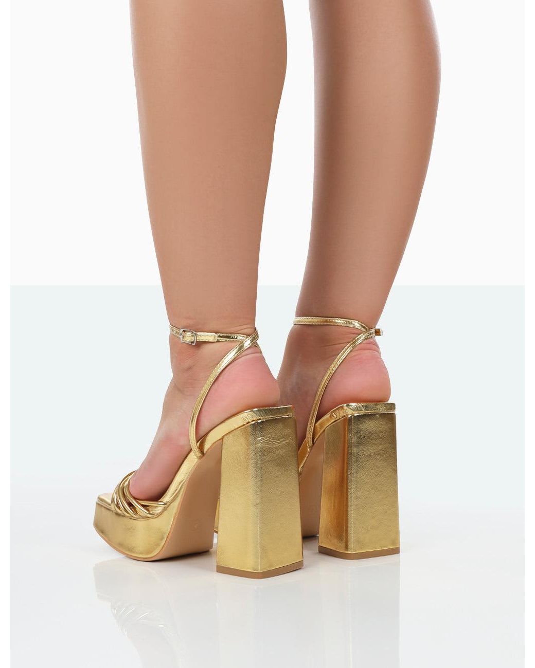 Gold Metallic Faux Croc Strappy Block Heel Sandals | New Look