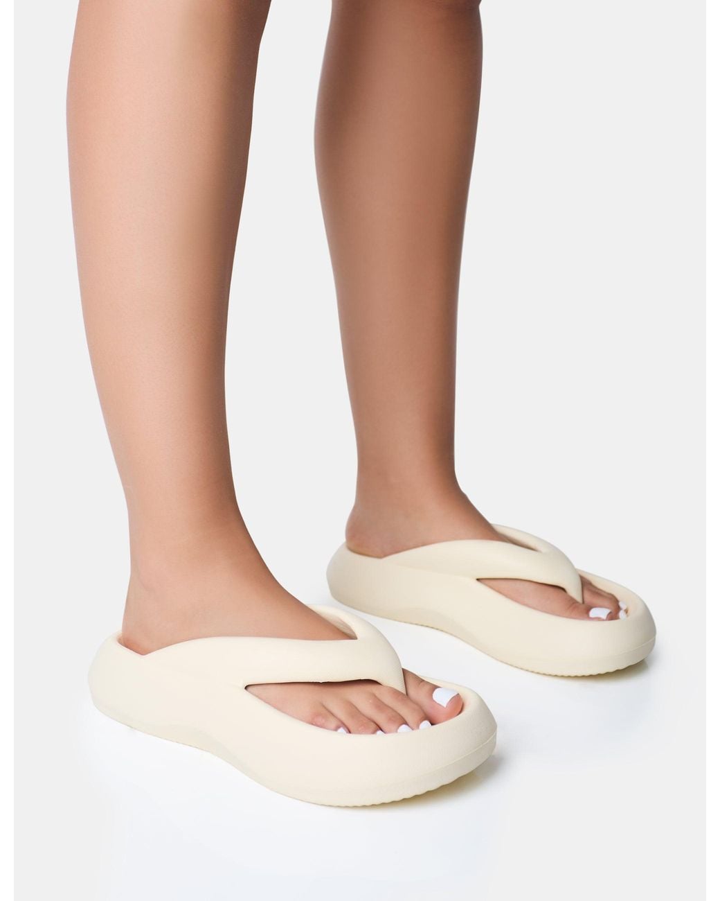 Public Desire White Guilty Cream Chunky Toe Post Slider Sandals