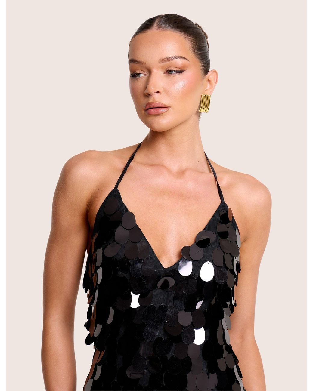 Public Desire V Neck Large Disc Embellished Mini Dress Black