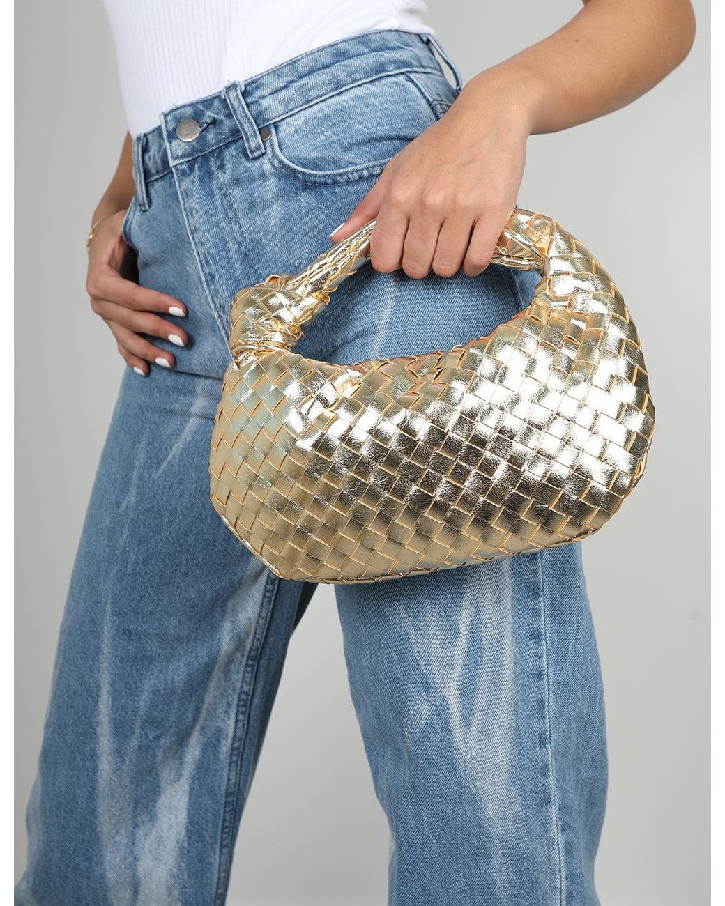 Public Desire The Blame Metallic Gold Woven Pu Knot Detail Mini Grab Bag