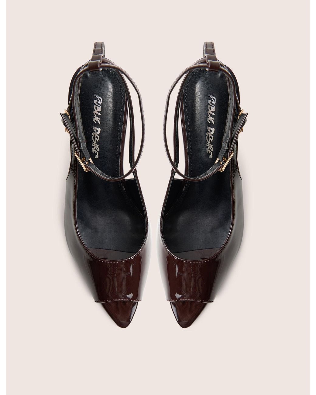 Public Desire Natural Chiara Chocolate Patent Ankle Strap Peep Toe Heels