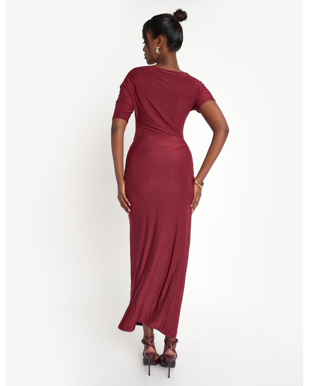 Public Desire Red Slinky Ruched Detail Maxi Dress Burgundy