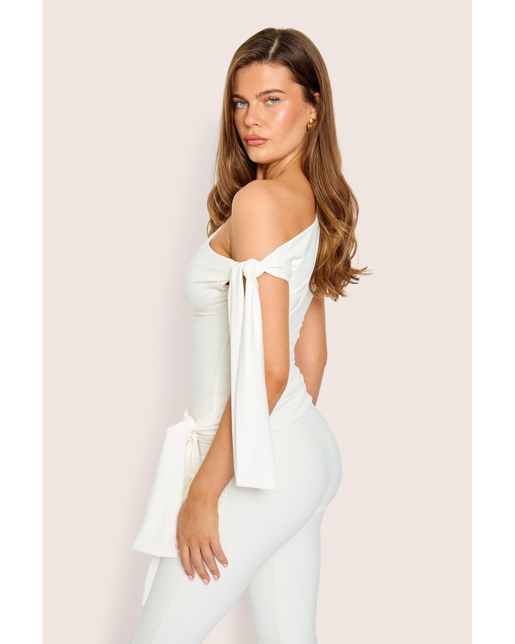 Public Desire Knot Detail Asymmetric One Shoulder Luxe Slinky Top White