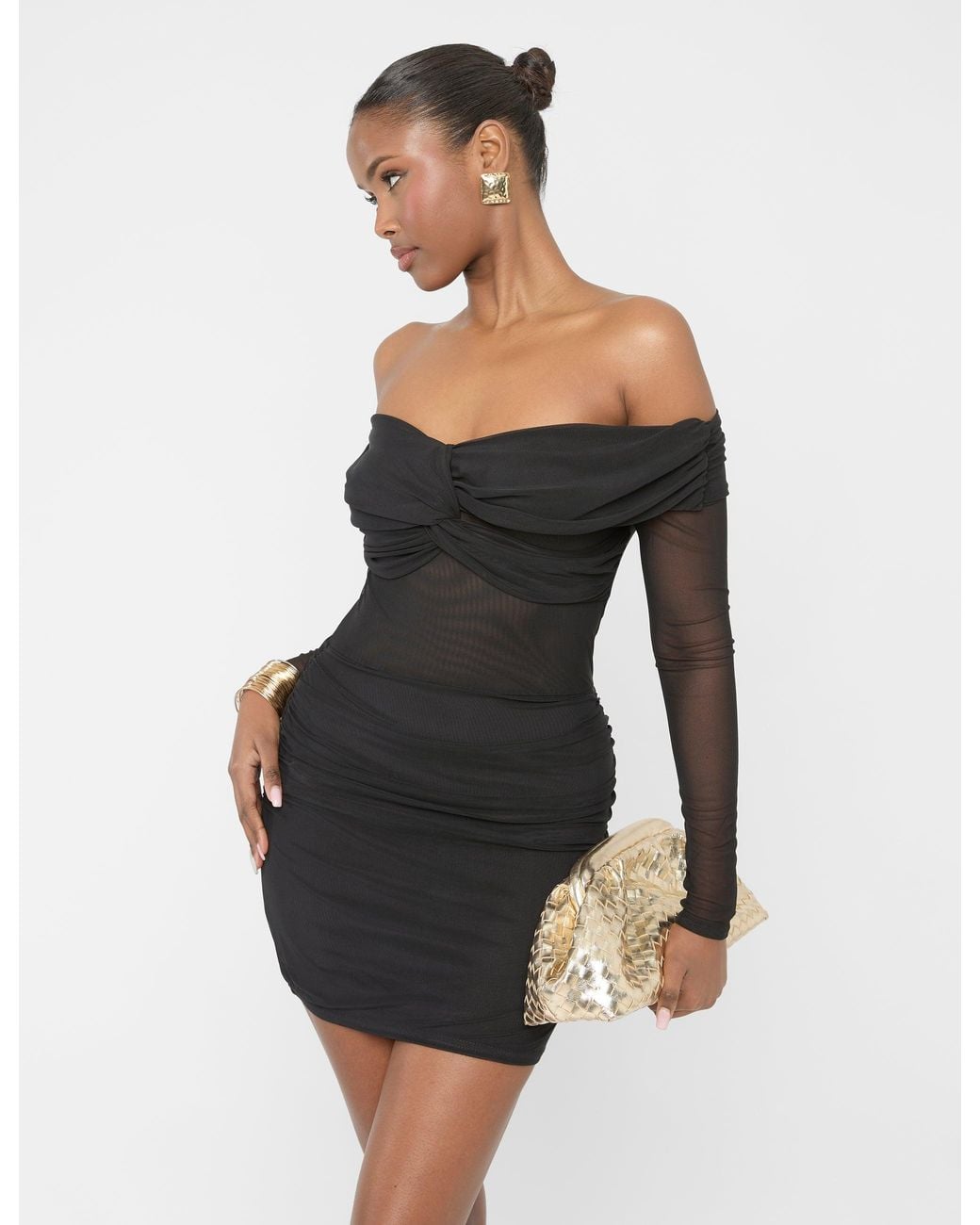 Public Desire Mesh Panel Off Shoulder Long Sleeve Mini Dress Black