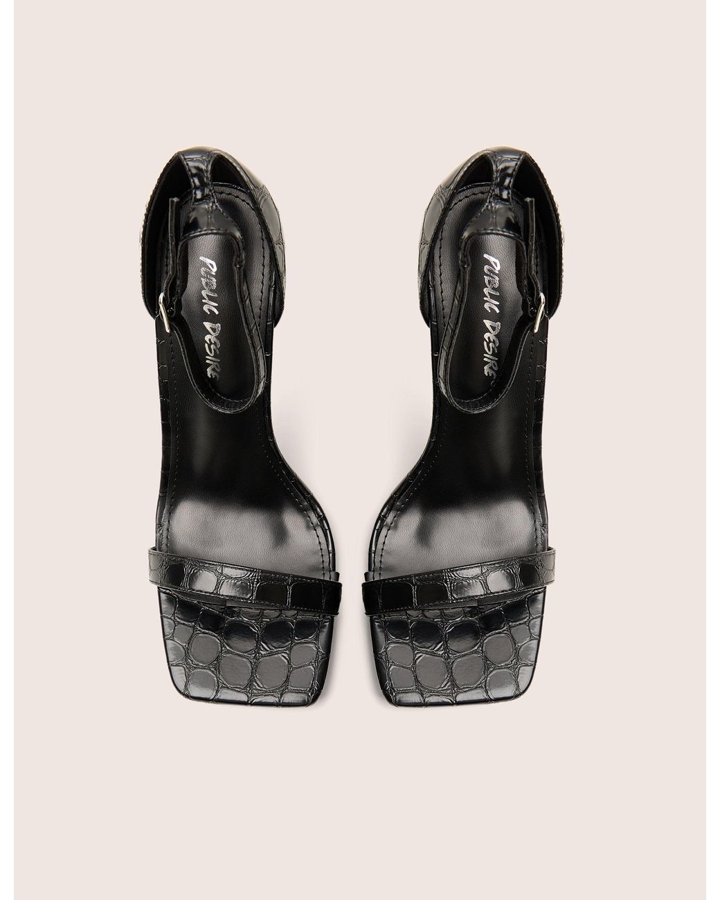 Public Desire Natural Chaos Black Croc Square Toe Strappy Barely There Stiletto Heels
