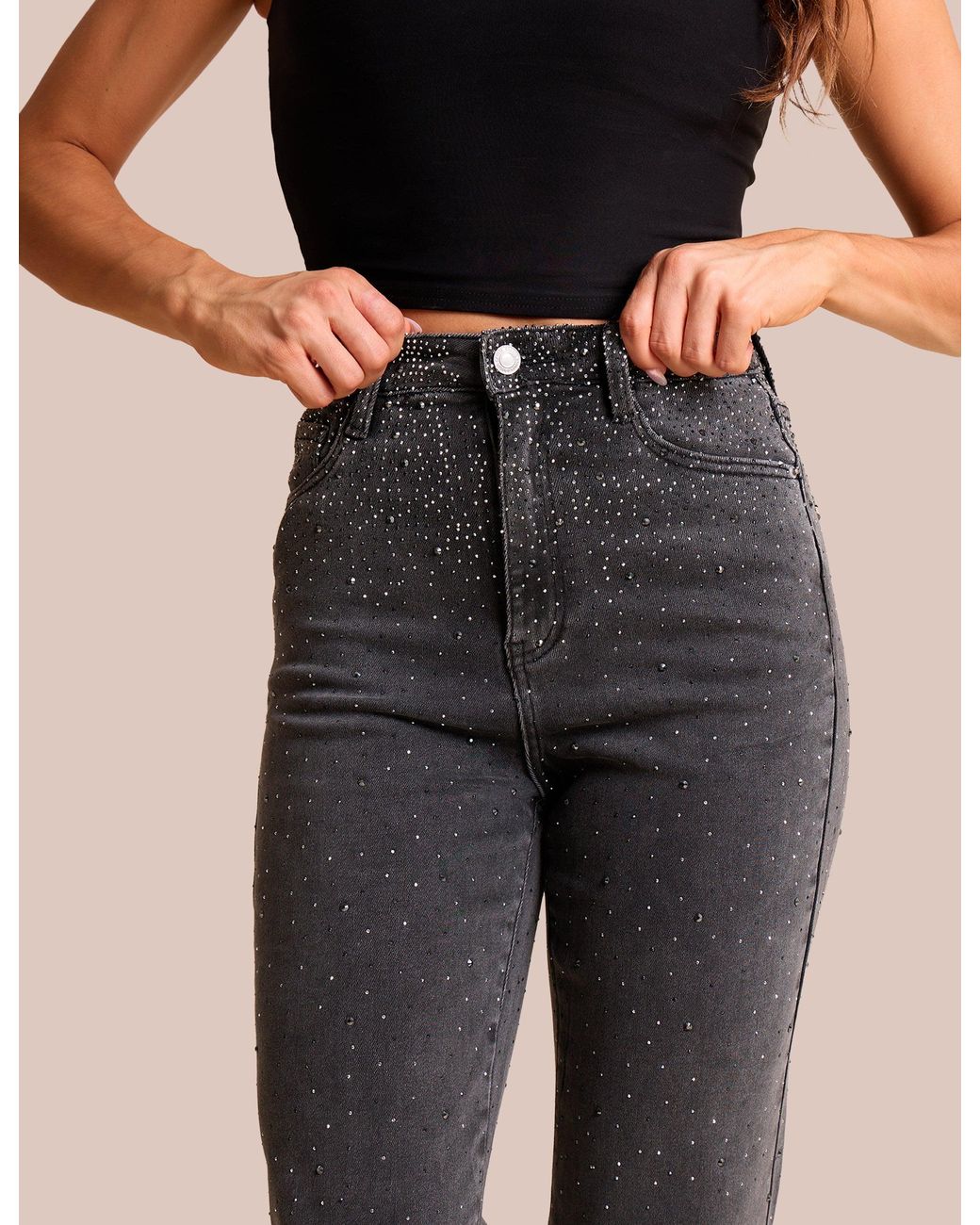 Public Desire Blue Straight Leg Stretch Stud Detail Black Jeans