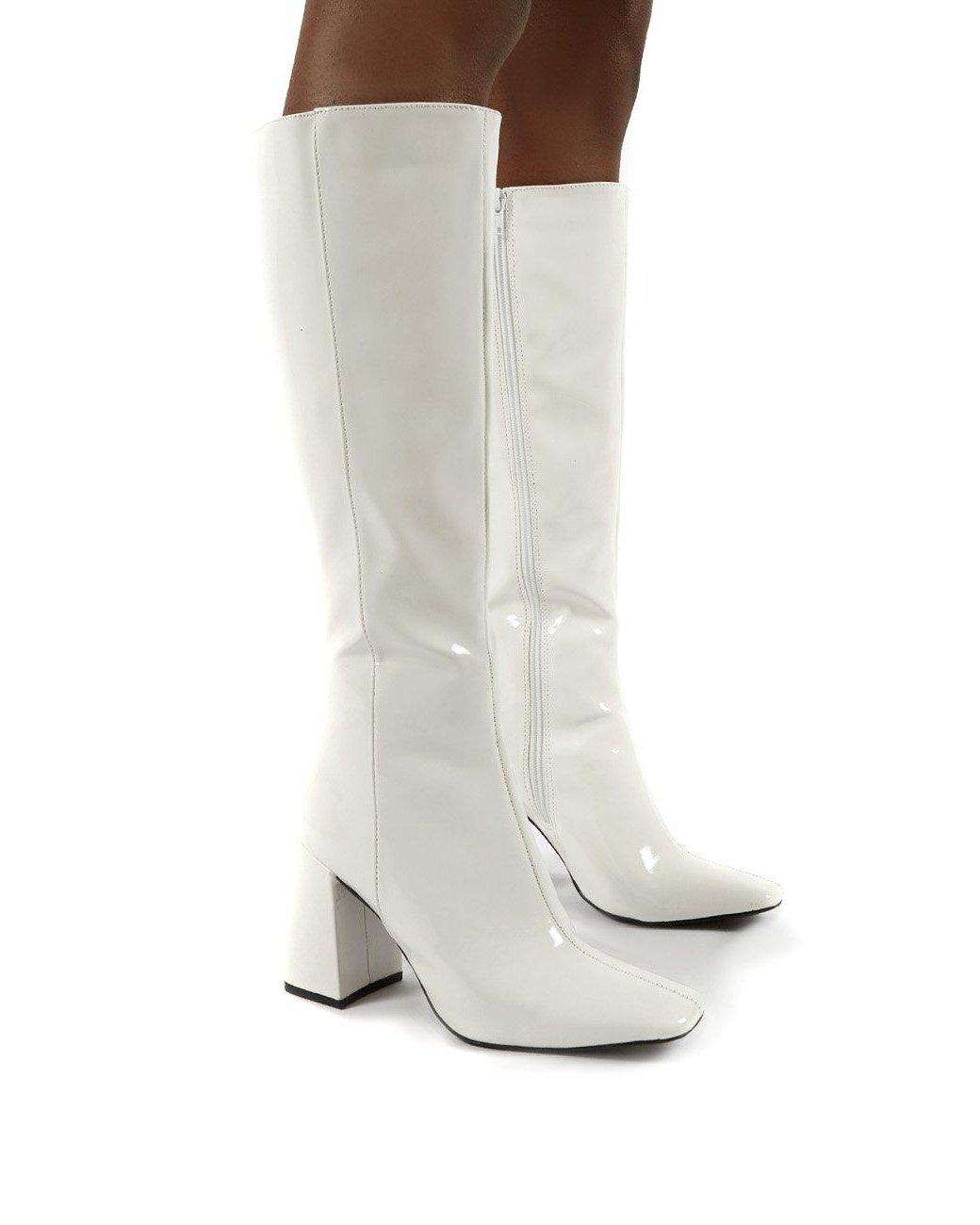Public Desire Synthetic Apology White Patent Knee High Block Heel Boots ...