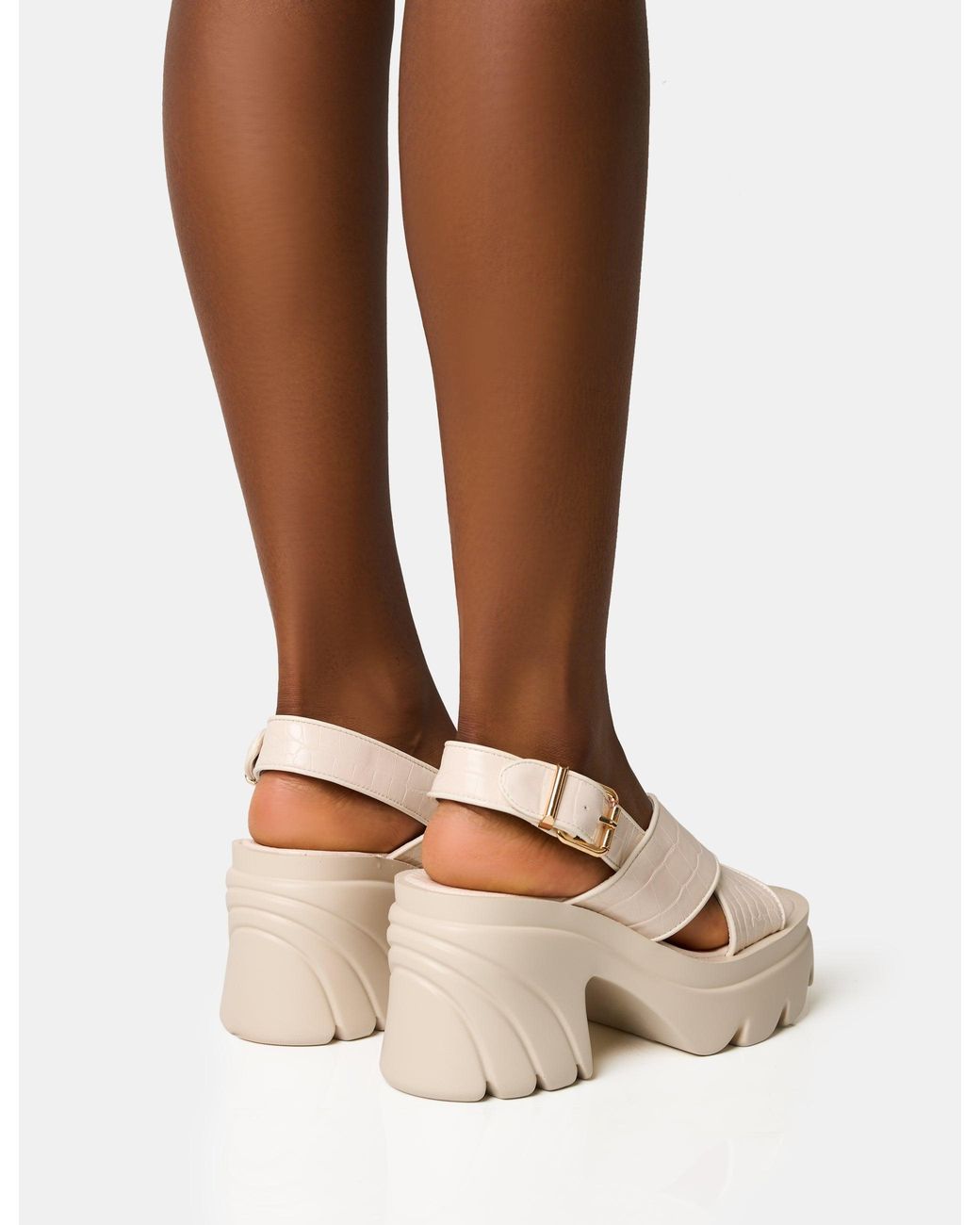Public Desire Brown Flare White Cross Strap Chunky Mid Heel Sandals