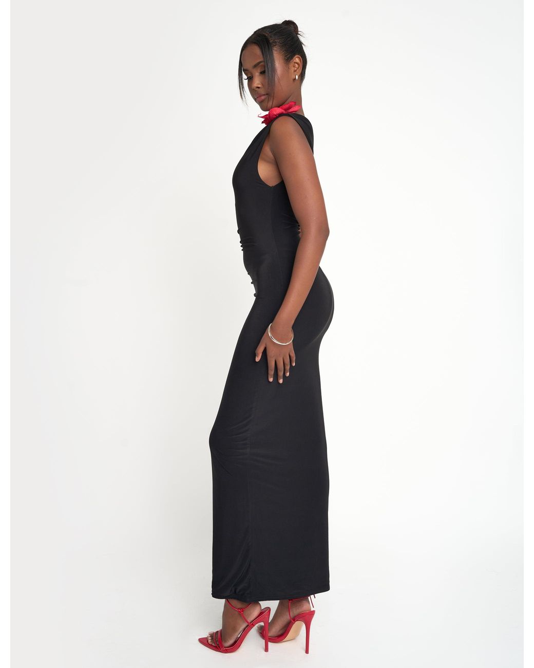 Public Desire Blue Flower Trim Dropped Shoulder Luxe Slinky Maxi Dress Black