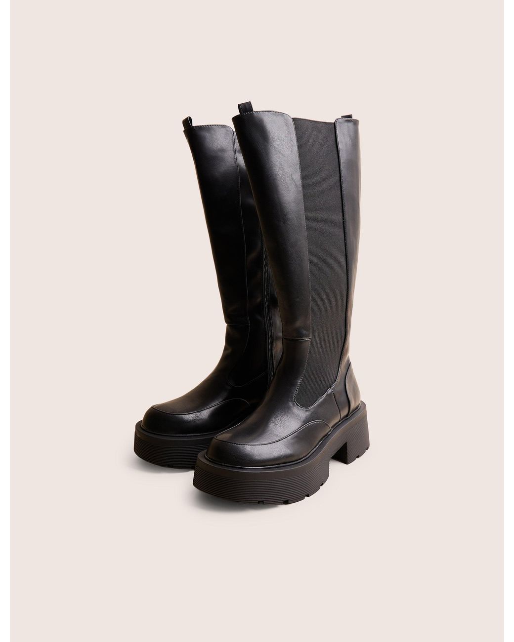 Public Desire Evergreen Black Pu Wide Fit Knee High Elasticated Detail Chunky Heeled Sole Boots