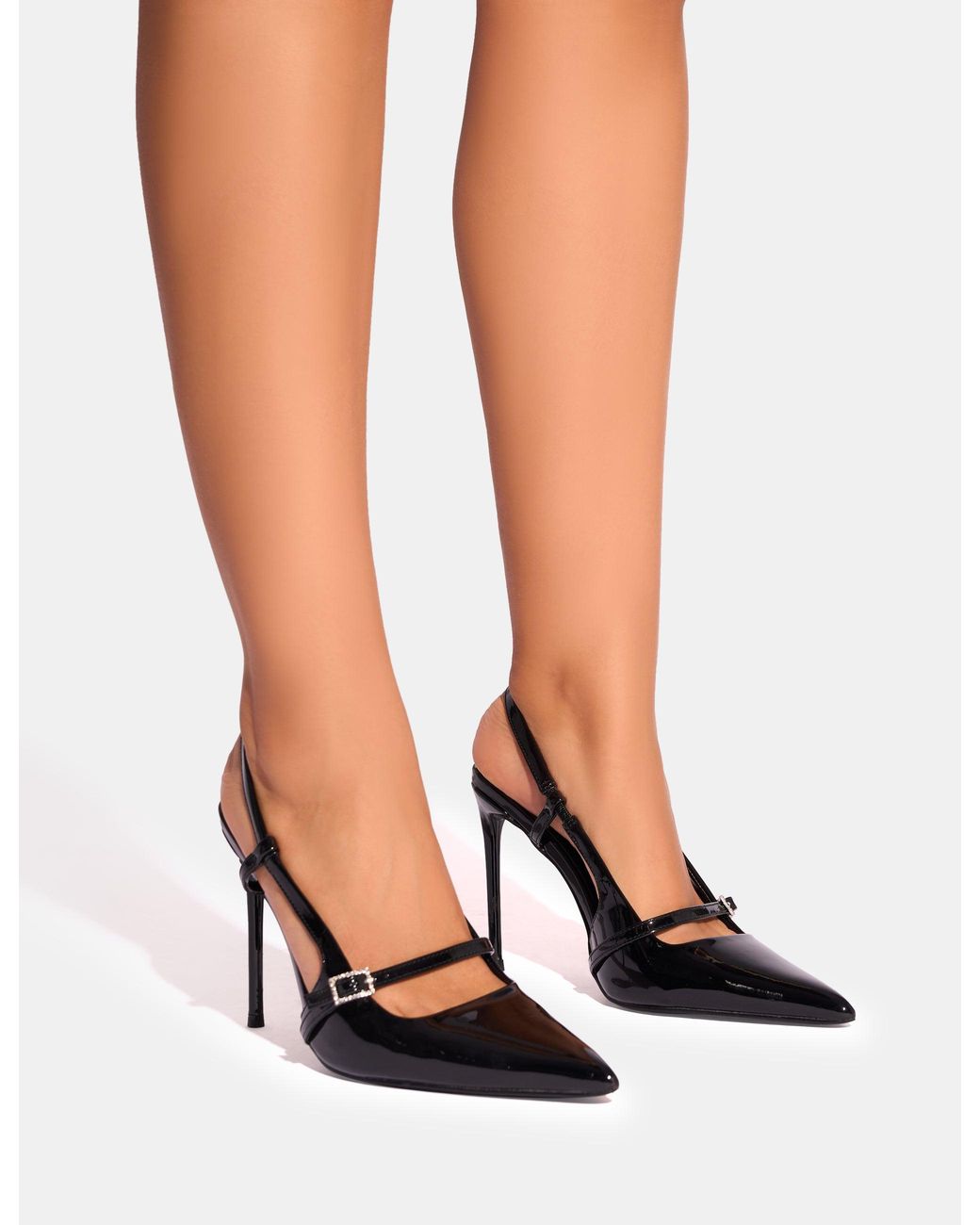 Public Desire White Forget Me Not Black Embellished Buckle Detail Sling Back Court Heels