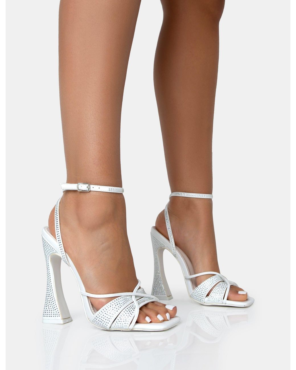 Public Desire Brown Opulence White Pu Diamante Strappy Square Toe Flared Block Heels