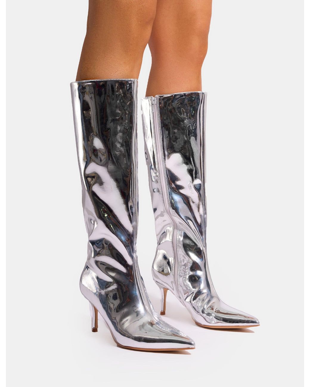 Public Desire White Amped Mirror Silver Pointed Toe Mid Heel Knee High Boots