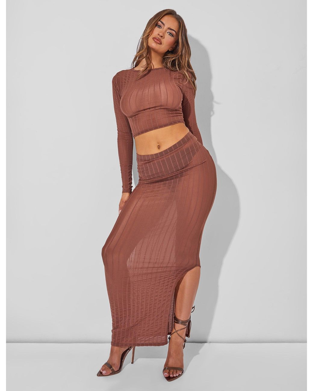 Public Desire Red Sheer Long Sleeve Top Co Ord Brown