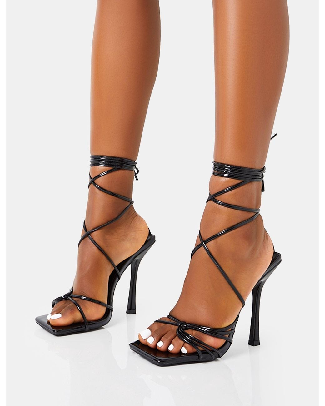 Public Desire Brown Solange Wide Fit Black Patent Lace Up Strappy Square Toe High Heels