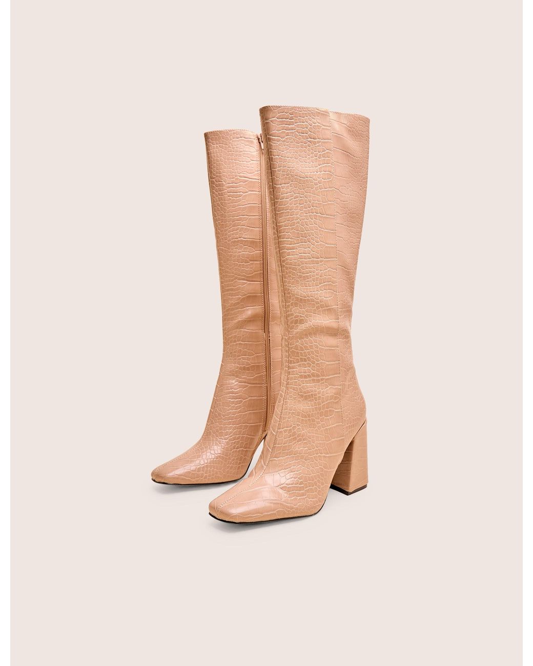 Public Desire White Apology Nude Patent Croc Knee High Block Heel Boots