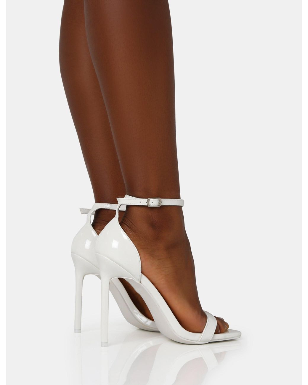 Public Desire Brown Chaos White Patent Square Toe Strappy Barely There Stiletto Heels