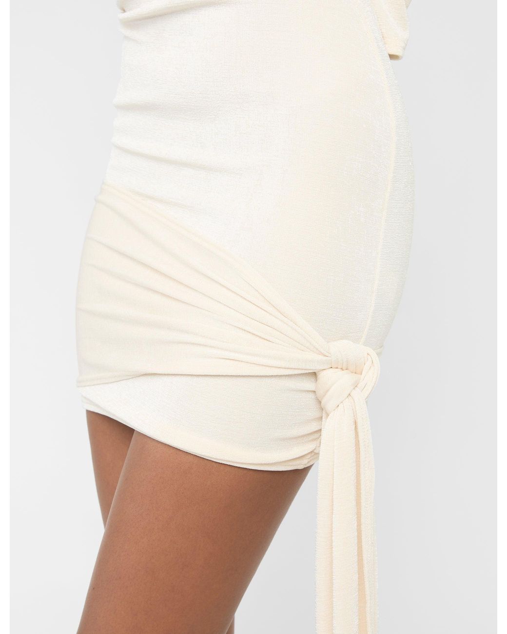 Public Desire White Knot Drape Padded Shoulder Long Sleeve Mini Dress Cream