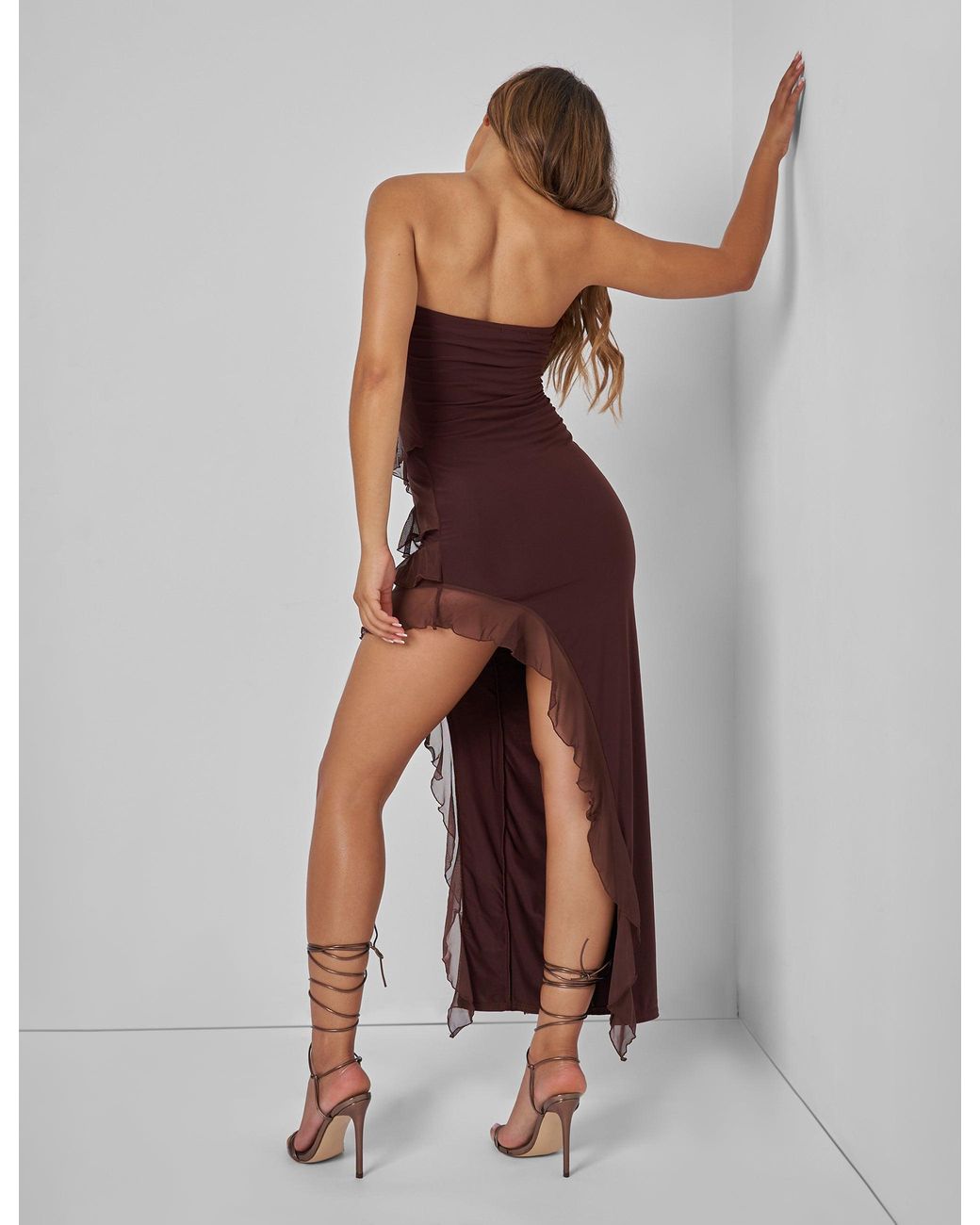 Public Desire Frill Detail Asymmetric Midaxi Dress Brown