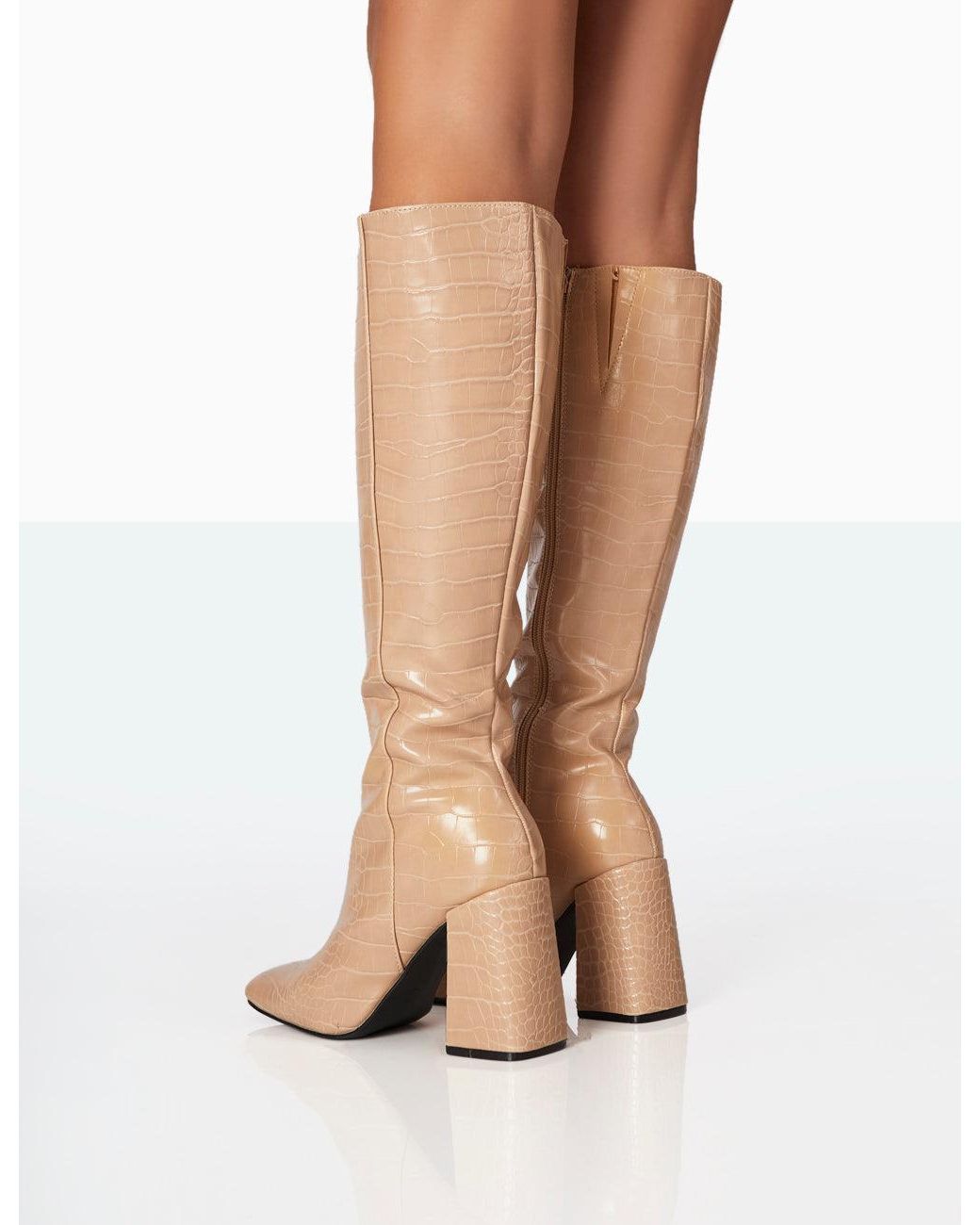 Public Desire White Apology Nude Patent Croc Knee High Block Heel Boots
