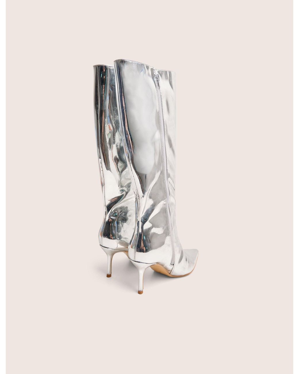 Public Desire White Amped Mirror Silver Pointed Toe Mid Heel Knee High Boots