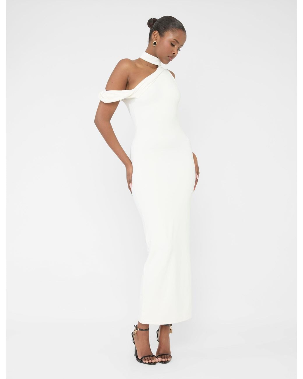 Public Desire Asymmetric One Shoulder Choker Detail Luxe Slinky Midi Dress White