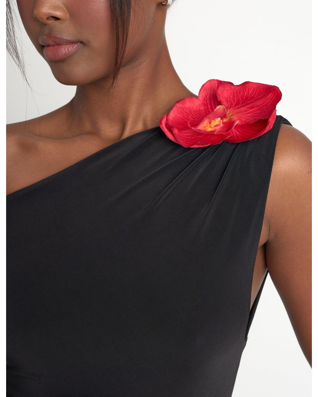 Public Desire Blue Flower Trim Dropped Shoulder Luxe Slinky Maxi Dress Black
