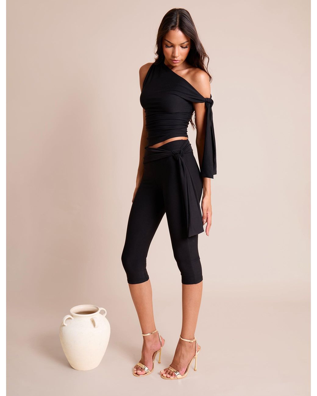 Public Desire Blue Knot Detail Tie Side Luxe Slinky Capri Pants Black
