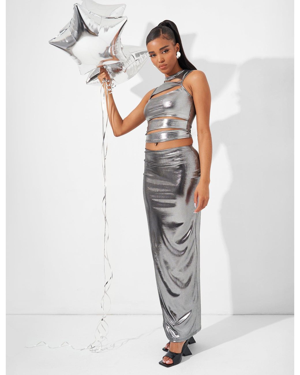 Public Desire White Maxi Skirt Co Ord In Metallic Silver