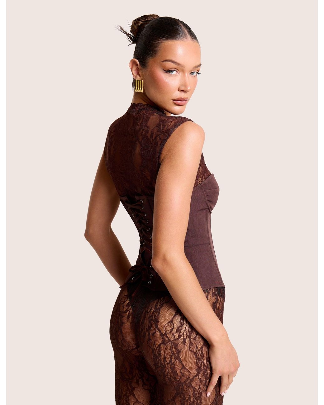 Public Desire Red Short Sleeve Sheer Floral Lace Co Ord Top Brown
