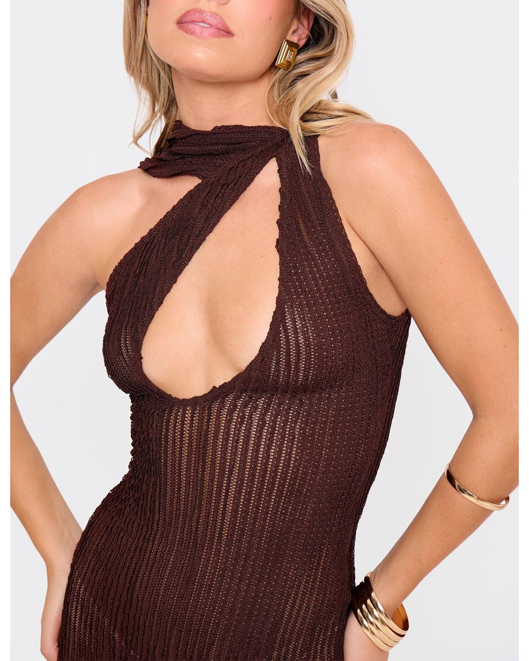 Public Desire Textured Scarf Detail Cut Out Maxi Dress Chocolate