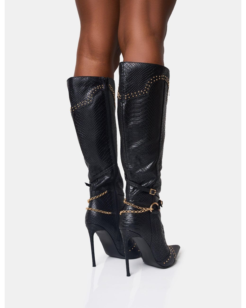 Public Desire Main Character Embellished Vintage Black Pointed Toe Stiletto Boots