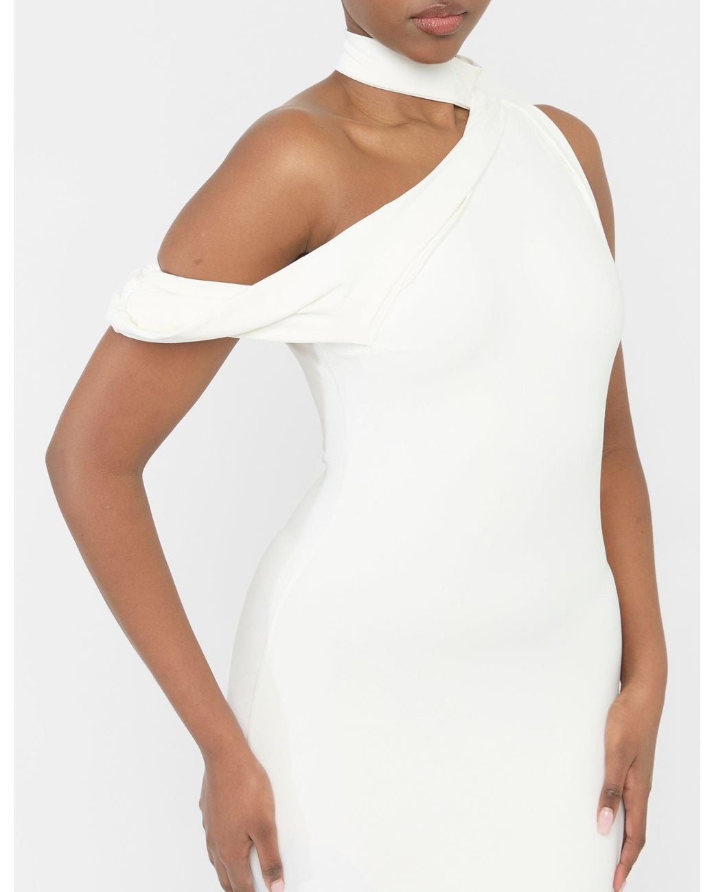 Public Desire Asymmetric One Shoulder Choker Detail Luxe Slinky Midi Dress White