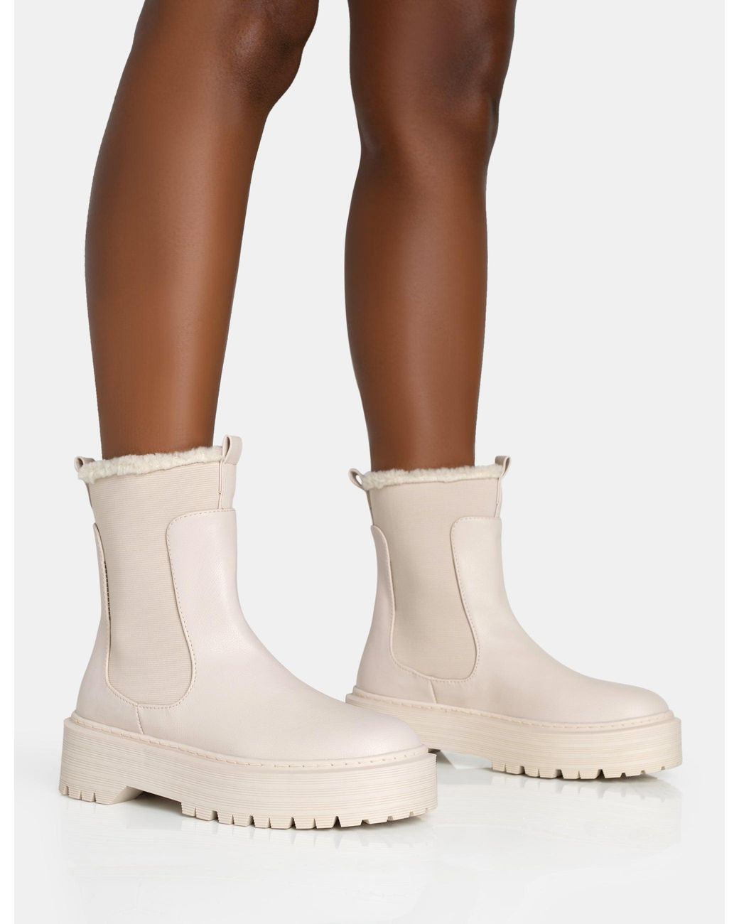 Public Desire Natural Alpine Cream Pu Faux Fur Trim Elasticated Ankle Chunky Ankle Boots