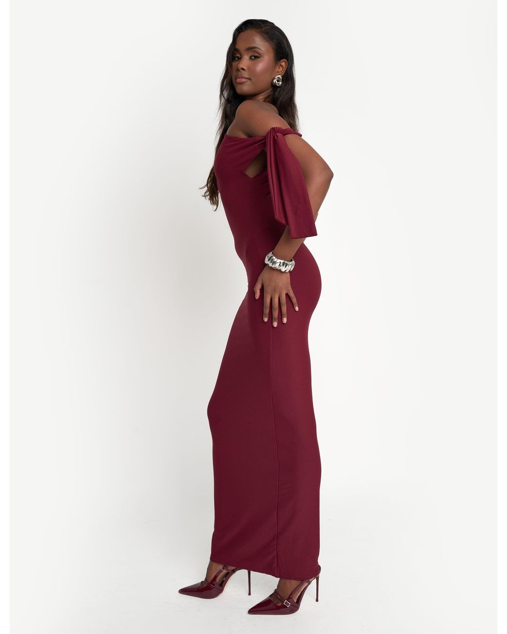 Public Desire Luxe Slinky Tie Detail Maxi Dress Burgundy in Red | Lyst UK