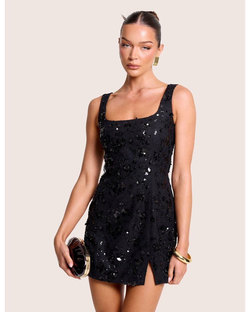 Public Desire Embellished Floral Sequin Square Neck Mini Dress Black