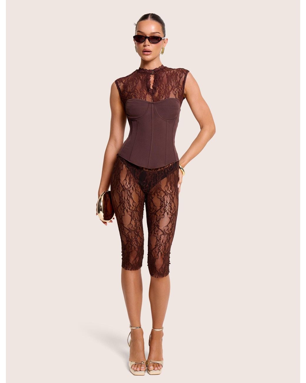Public Desire Red Short Sleeve Sheer Floral Lace Co Ord Top Brown