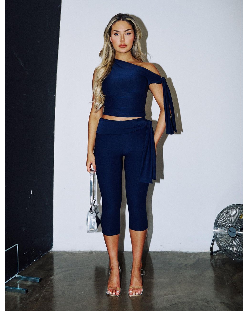 Public Desire Blue Knot Detail Asymmetric One Shoulder Luxe Slinky Top Navy