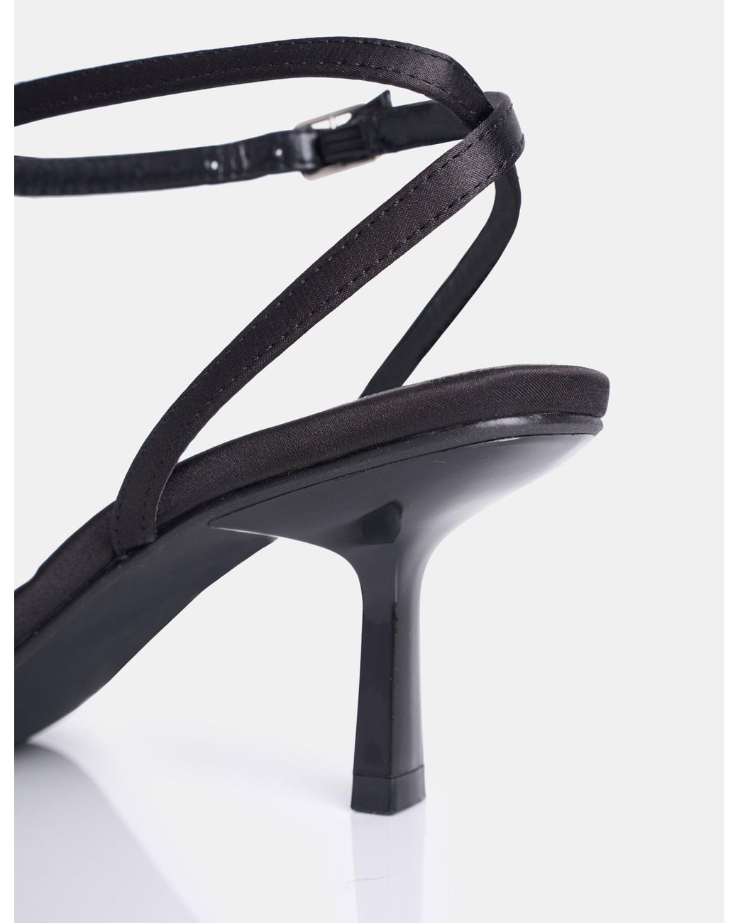 Public Desire Nara Black Satin White Orchid Flower Square Toe Stiletto Mid Heels
