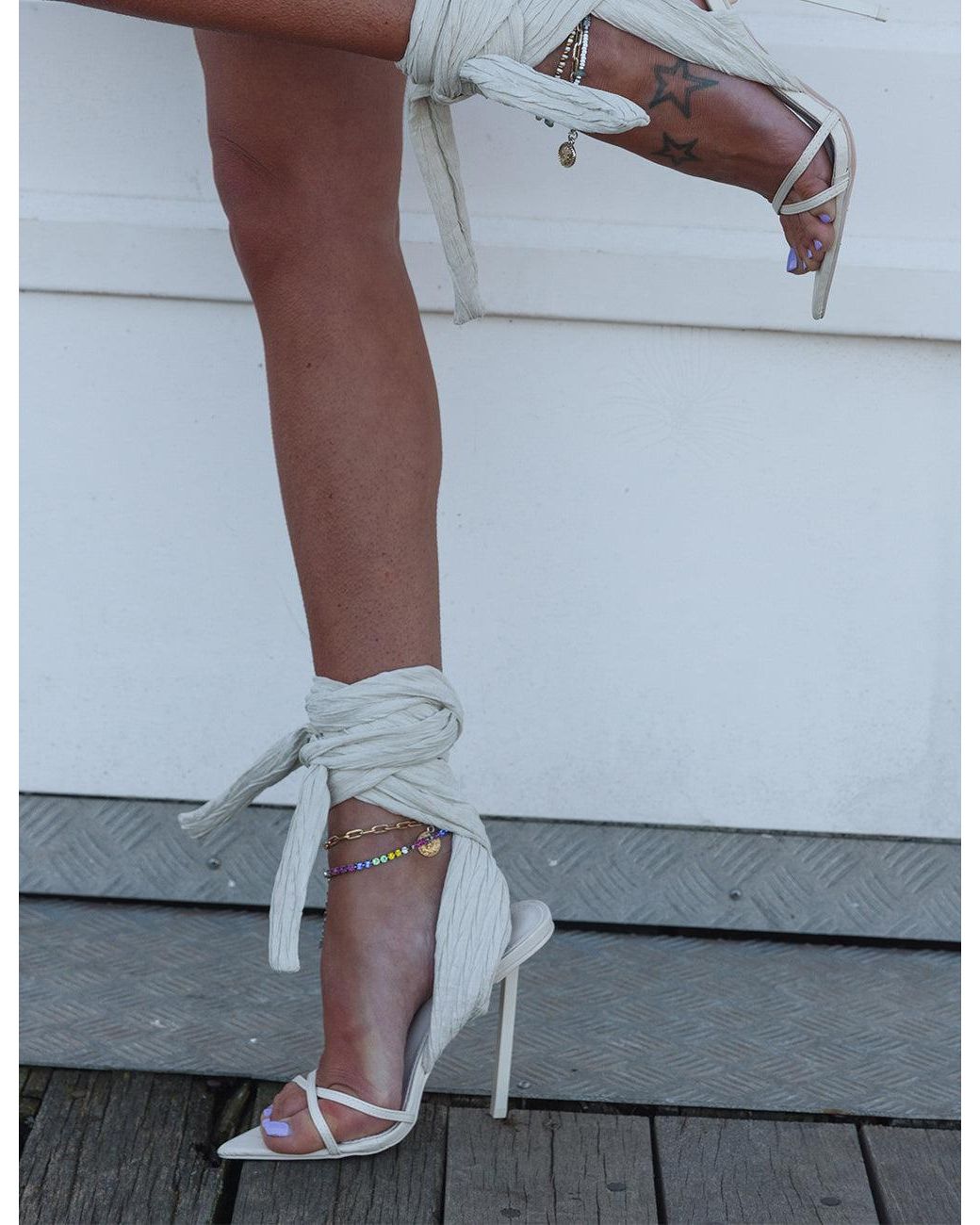 public desire Brunchin Ecru Linen Tie Up Wrap Around Stiletto Heels
